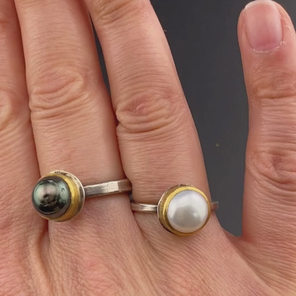 Tahitian pearl ring and white pearl ring with 22k gold and silver